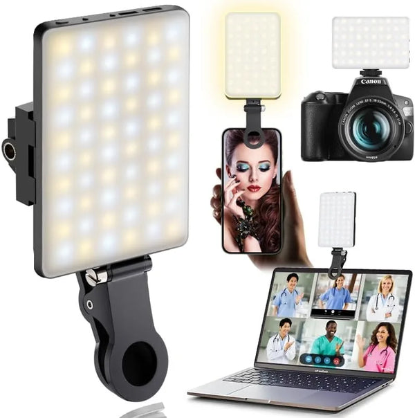 Tragbare Clip-on-LED-Selfie-Lampe mit verschiedenen Anwendungsbeispielen, einschließlich einer eigenständigen Lampe und monti