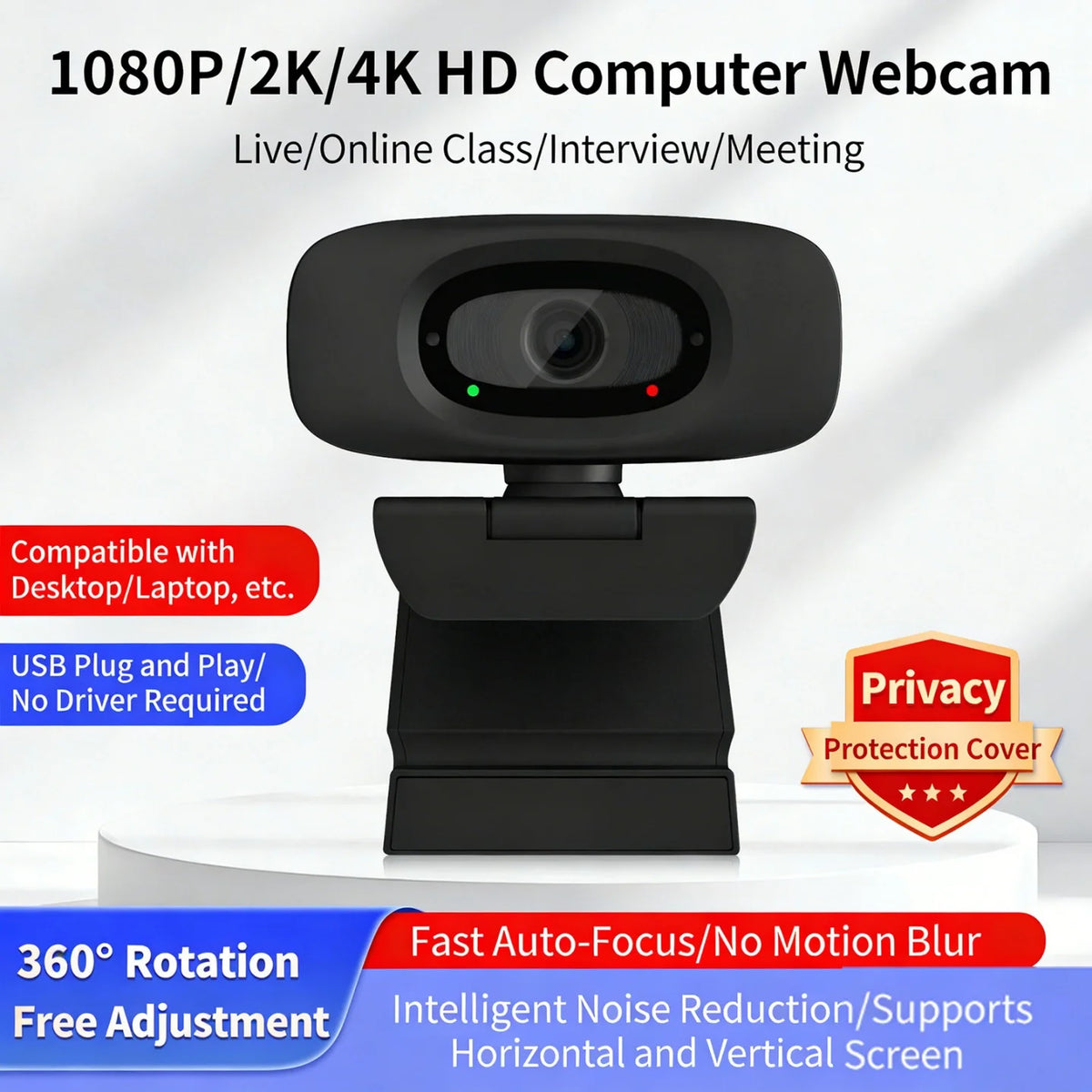 Black 1080P/2K/4K HD computer webcam with a privacy cover and adjustable mount.