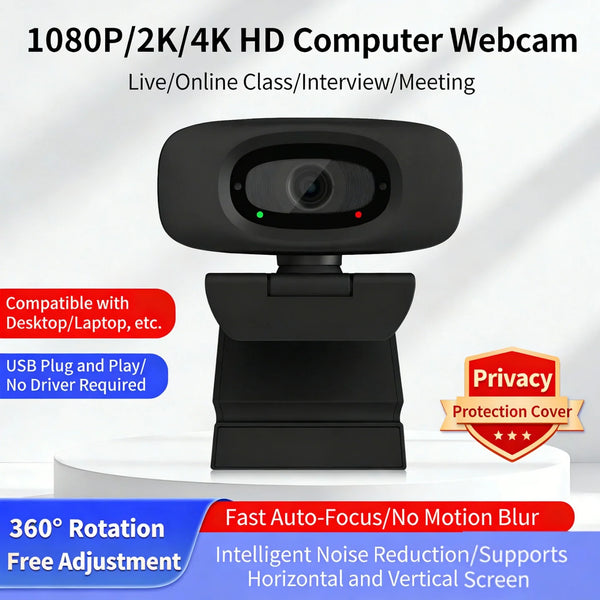 Black 1080P/2K/4K HD computer webcam with a privacy cover and adjustable mount.