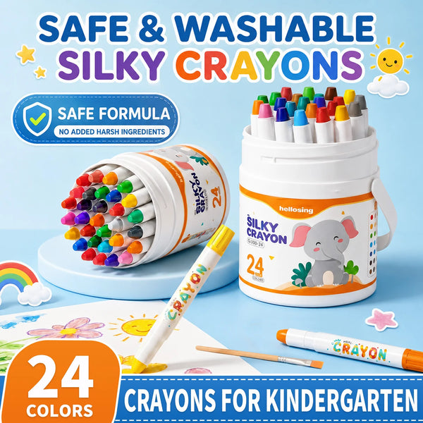 A set of 24 safe and washable silky crayons for kindergarten, including a large container and individual crayons.