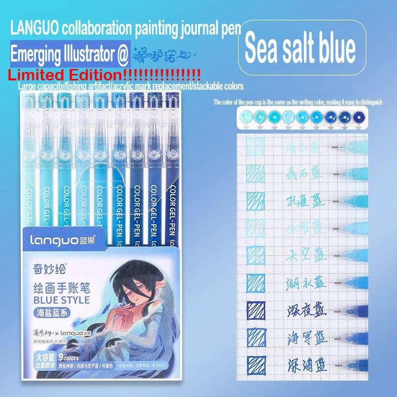 Languo collaboration painting journal pen set featuring Sea salt blue color and illustrations