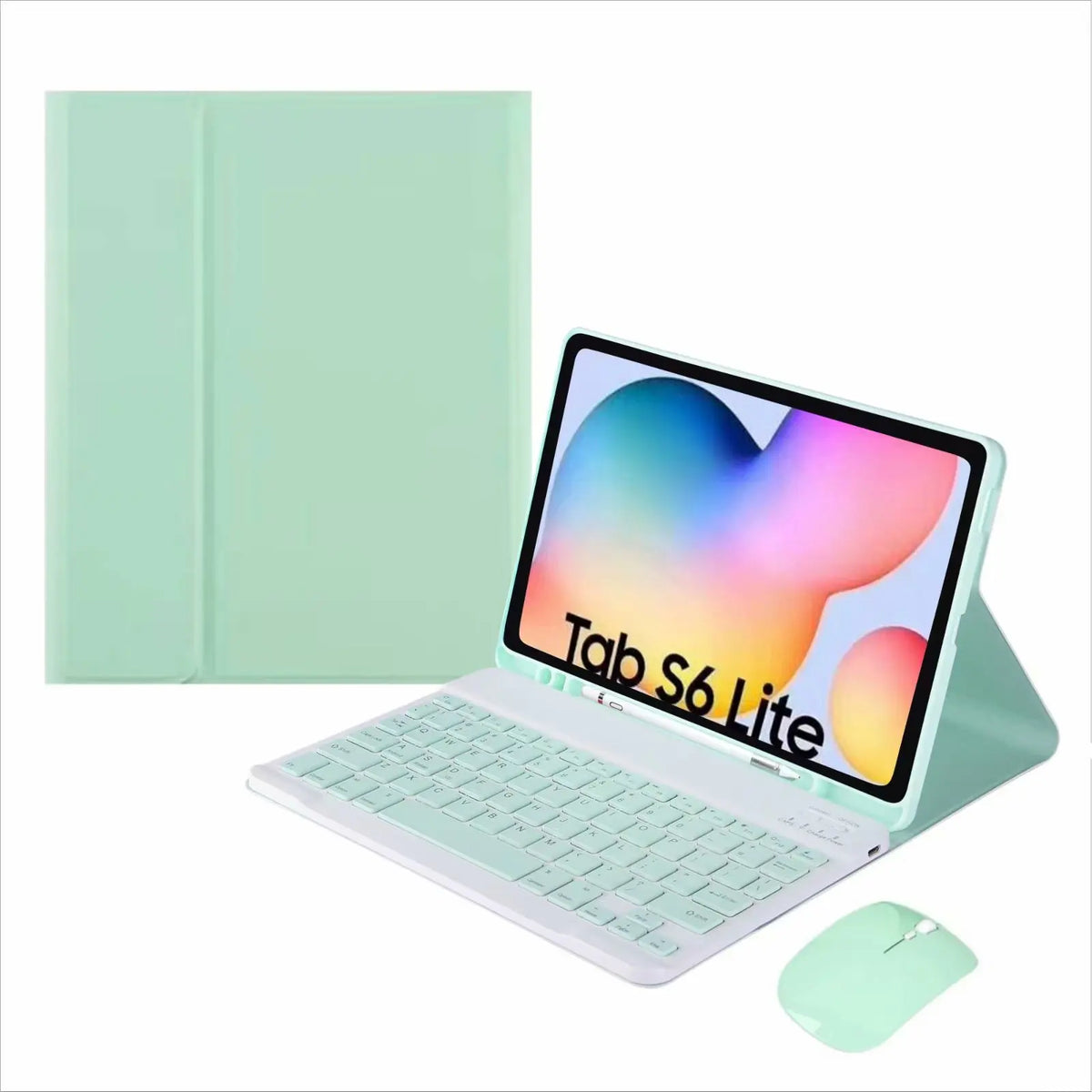 A light mint green leather keyboard case with a detachable Bluetooth keyboard shown next to an iPad.