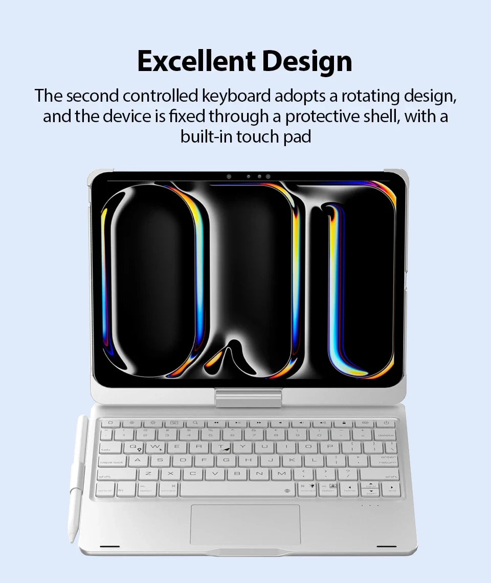 A white laptop with a rotating keyboard design and built-in touch pad is shown.