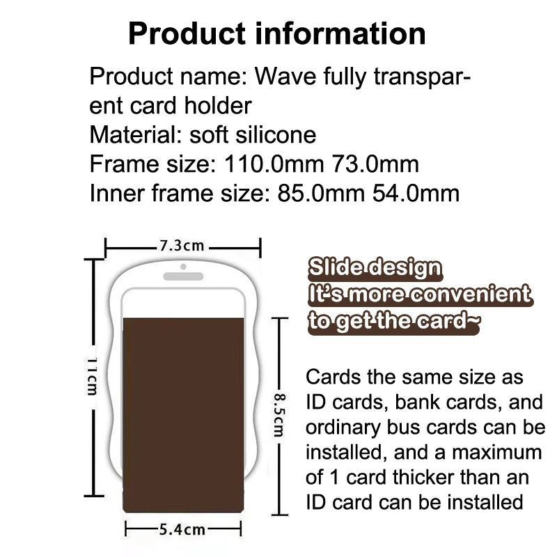 A transparent silicone card holder frame showing dimensions and usage instructions for various cards.
