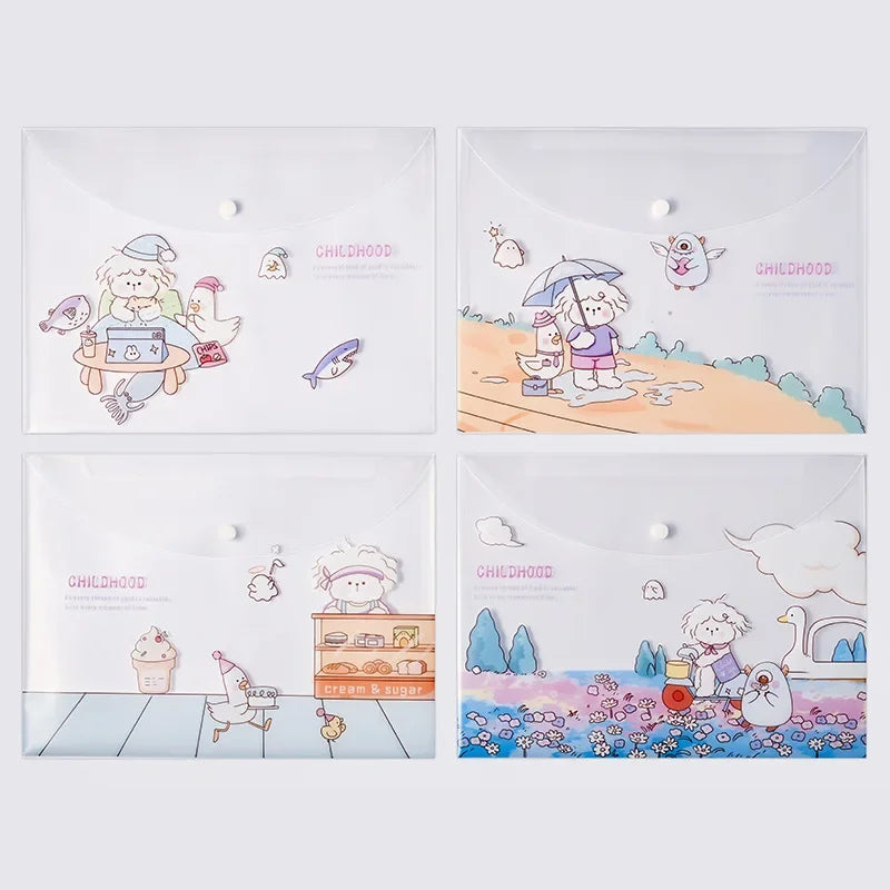 A set of four cute cartoon transparent document pouches featuring childhood themes and illustrations.