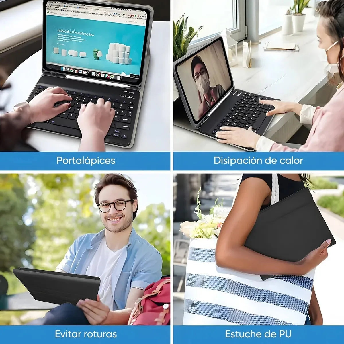 Various accessories including a laptop, keyboard case, and a PU leather case for an iPad.
