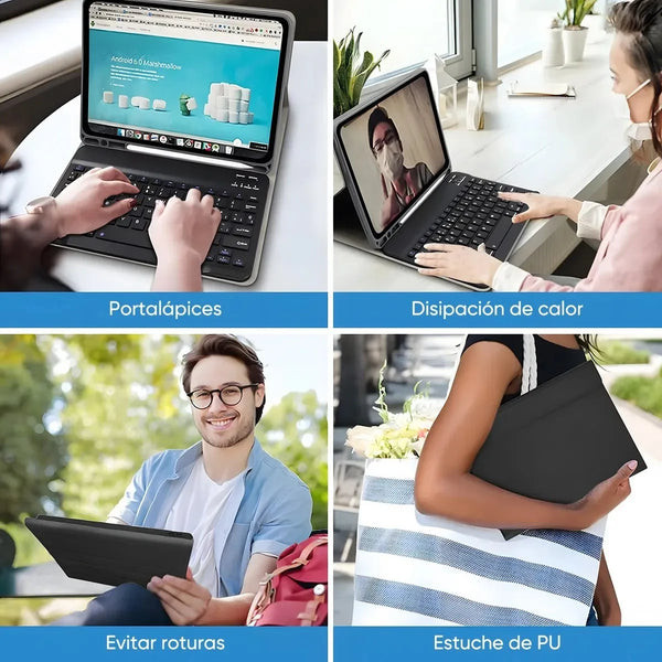 Various accessories including a laptop, keyboard case, and a PU leather case for an iPad.