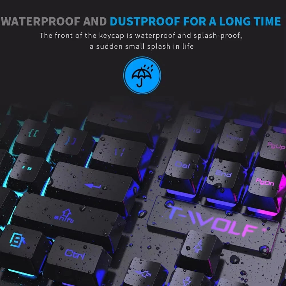 Close-up view of a black mechanical keyboard with blue LED lighting and waterproof/dustproof text overlay.