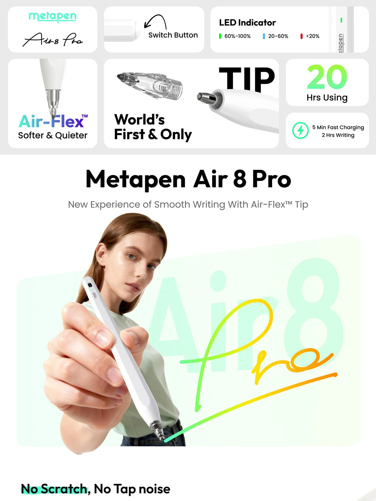 A hand holds the Metapen Air8 Pro stylus writing on a surface, demonstrating smooth writing and no scratch.