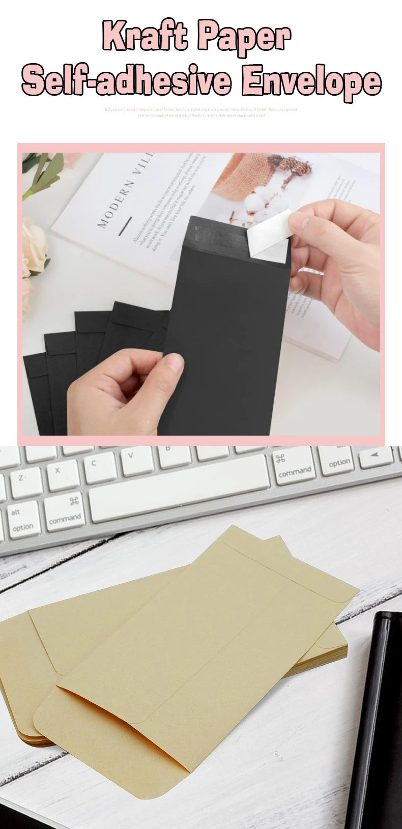 A hand is opening a black kraft paper self-adhesive envelope, showing the texture and closure mechanism.