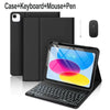 A black case holding an iPad, a keyboard, a mouse, and a pen.