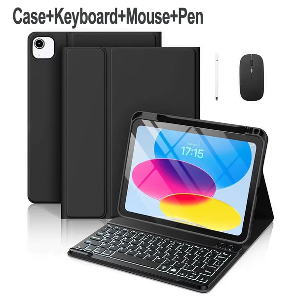 A black case holding an iPad, a keyboard, a mouse, and a pen.