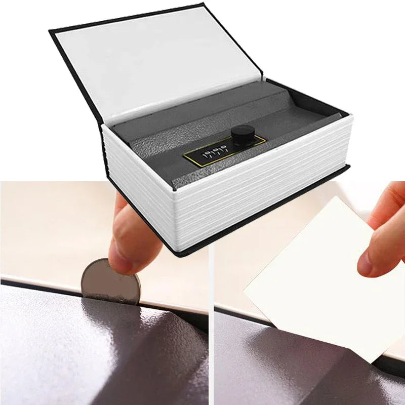 A hand opens a white combination key lock safe box revealing a dark interior and a gold-colored plate.