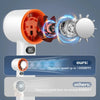 A handheld bladeless cooling fan demonstrates speed comparison, showing a maximum speed up to 15000 RPM compared to others no