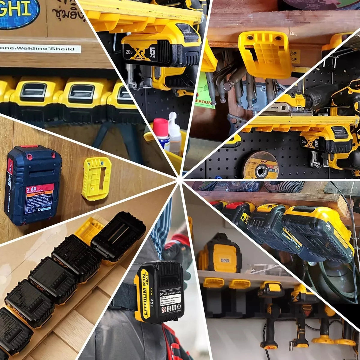 Eine Sammlung gelber und schwarzer Akkupacks, Adapter und Werkzeuge auf einer Holzoberfläche.