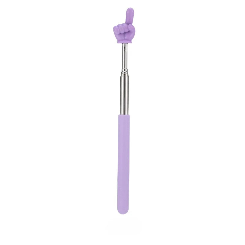 A purple stainless steel telescopic teaching pointer with a fist shape.