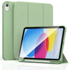 A lime green protective case for an iPad is shown, featuring a folio design with a screen protector.