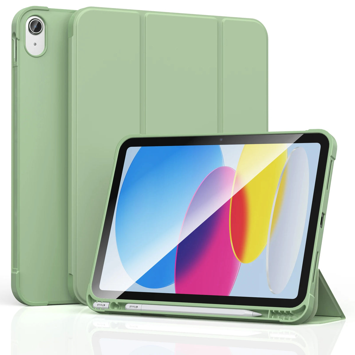 A lime green protective case for an iPad is shown, featuring a folio design with a screen protector.