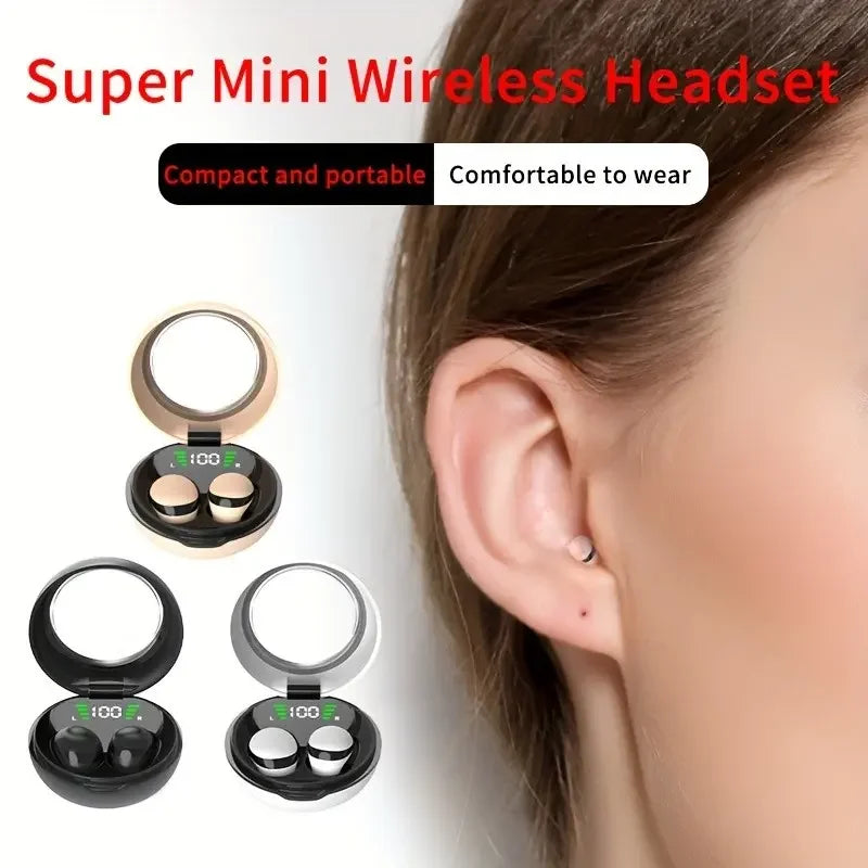 A pair of super mini wireless headset earbuds shown next to a woman's ear, highlighting their compact and portable design.