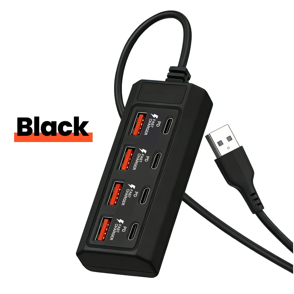 Black 8-in-1 USB wall outlet adapter with multiple ports for fast charging devices.