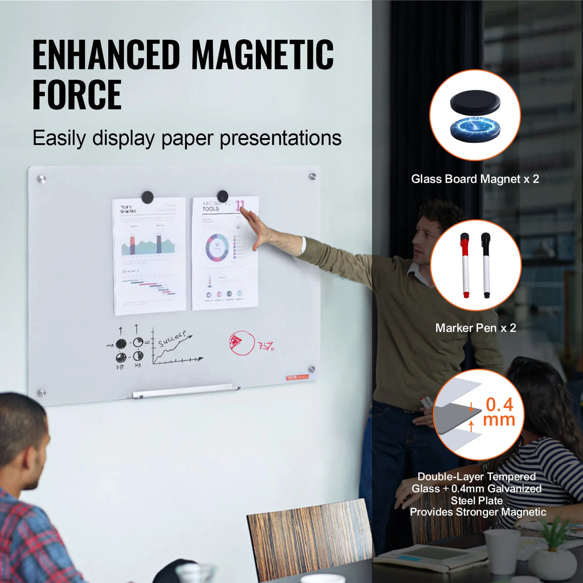 A person displays paper presentations on an enhanced magnetic force glass board, showing magnetic components and tools.
