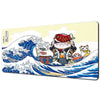 A watercolor illustration of a Japanese wave with a cat character riding on it.