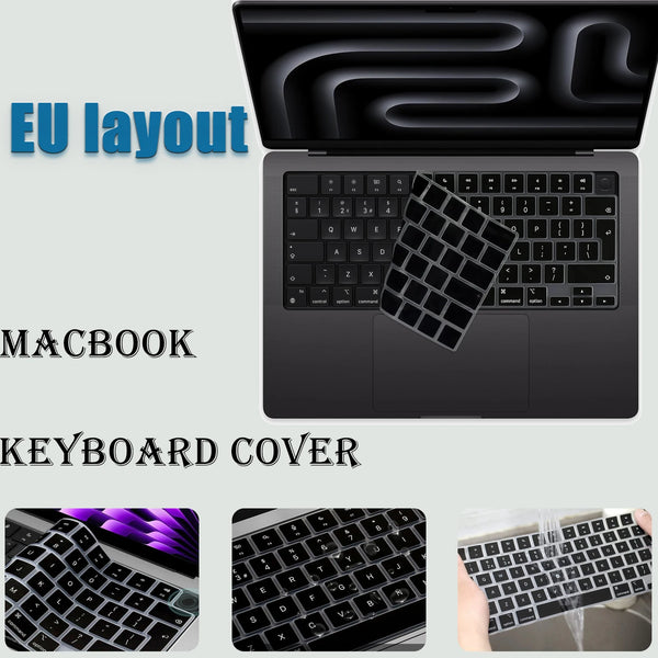 Silicone keyboard cover for a MacBook, showing the EU layout and keyboard components.