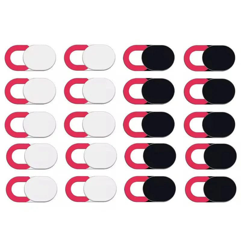 A set of universal camera privacy sliders in red and black for mobile and laptop cameras.