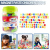 A clear plastic jar of magnetic alphabet and number tiles for children's toys