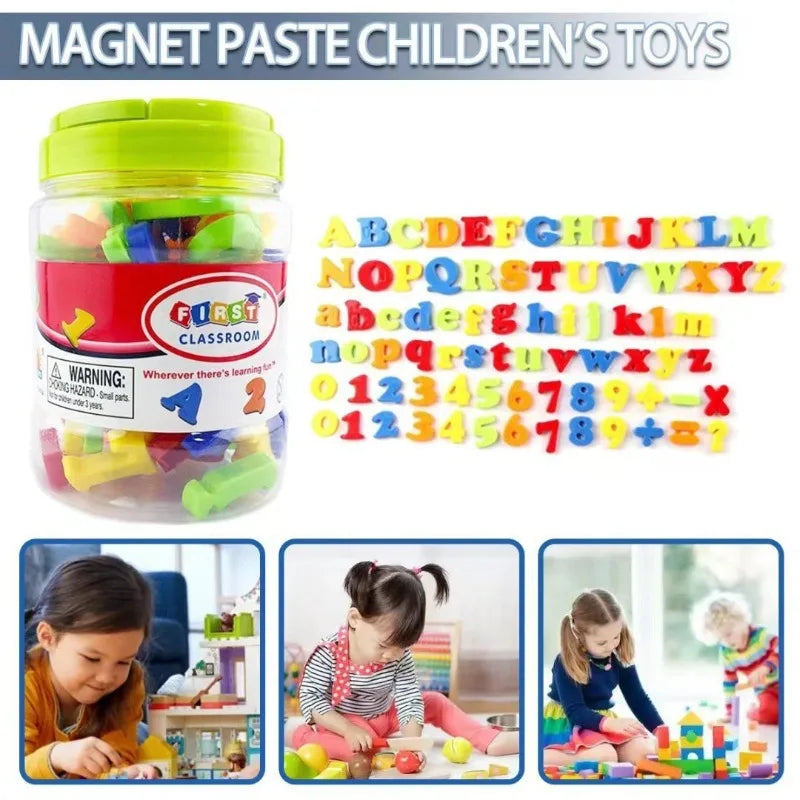 A clear plastic jar of magnetic alphabet and number tiles for children's toys