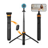 A black magnetic selfie stick tripod with a blue camera and wireless remote, positioned for a photo.
