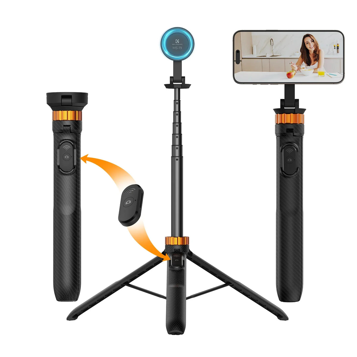 A black magnetic selfie stick tripod with a blue camera and wireless remote, positioned for a photo.