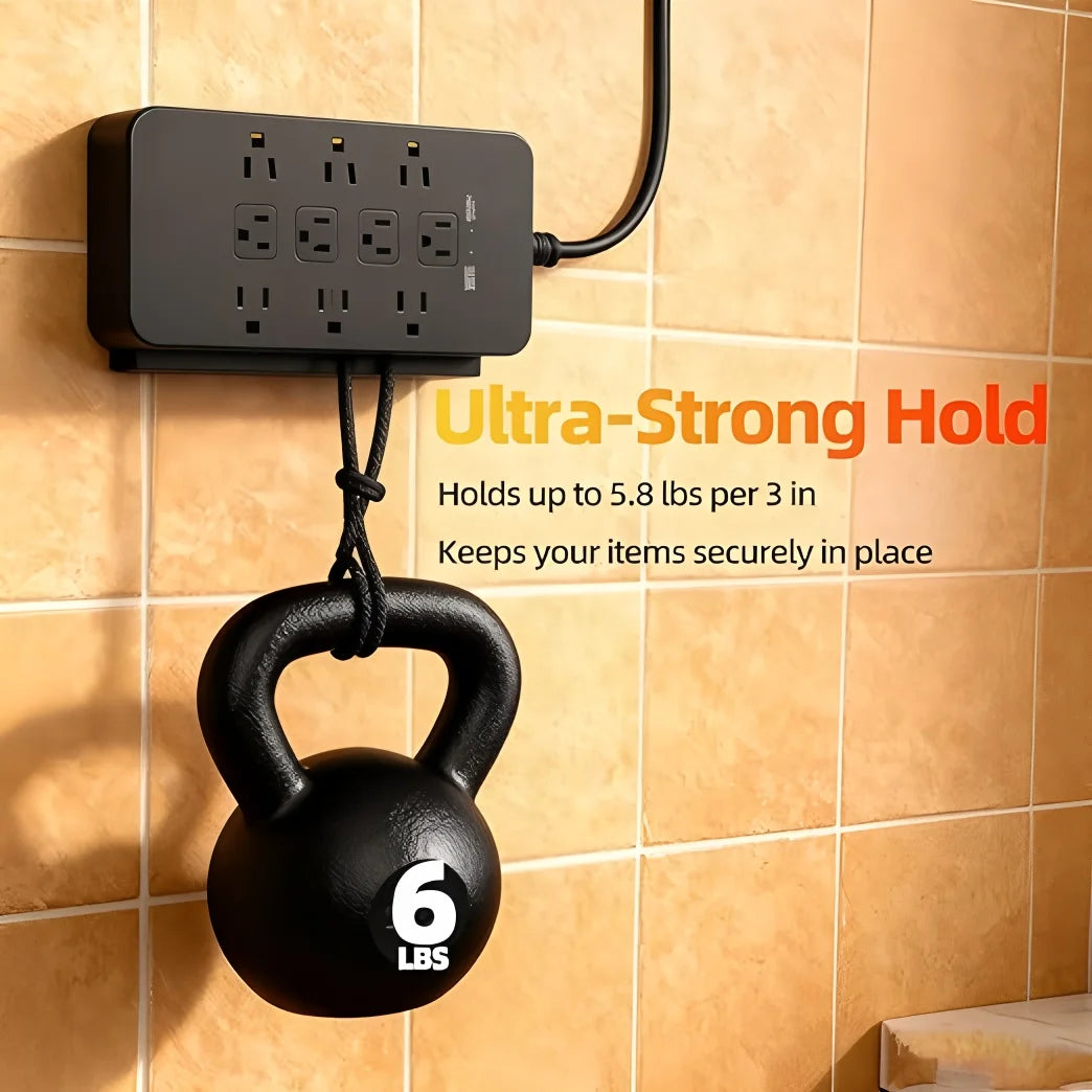 A black heavy duty double-sided nano adhesive tape hook holding a 6 lbs weight on a tiled wall.
