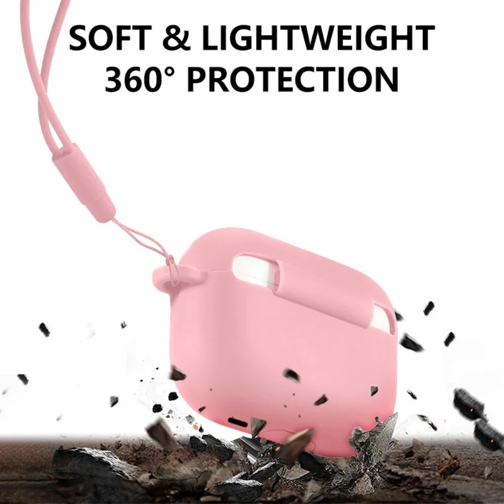 Pink soft silicone protective case with keychain for AirPods Pro 3 demonstrating 360 degree protection