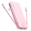 A pink portable charger with built-in cables and a wall plug is shown in a vertical orientation.