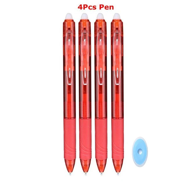 A set of four retractable red gel pens with a blue cap shown against a white background.