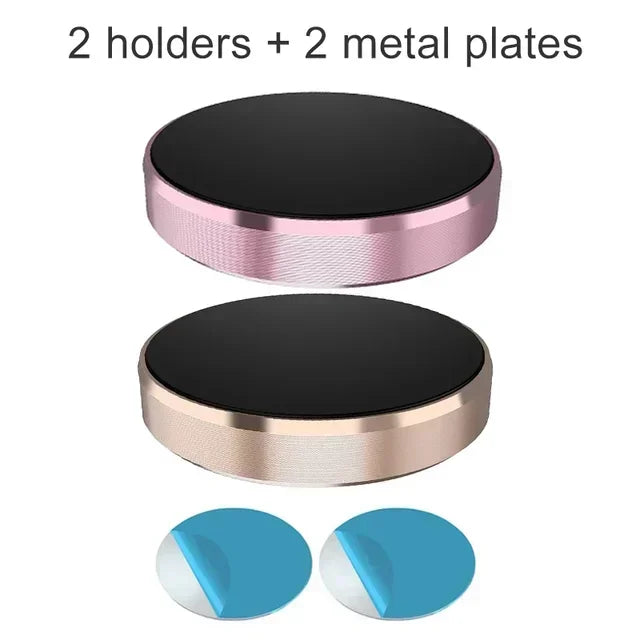 Two round magnetic holders and two metal plates for a phone mount.