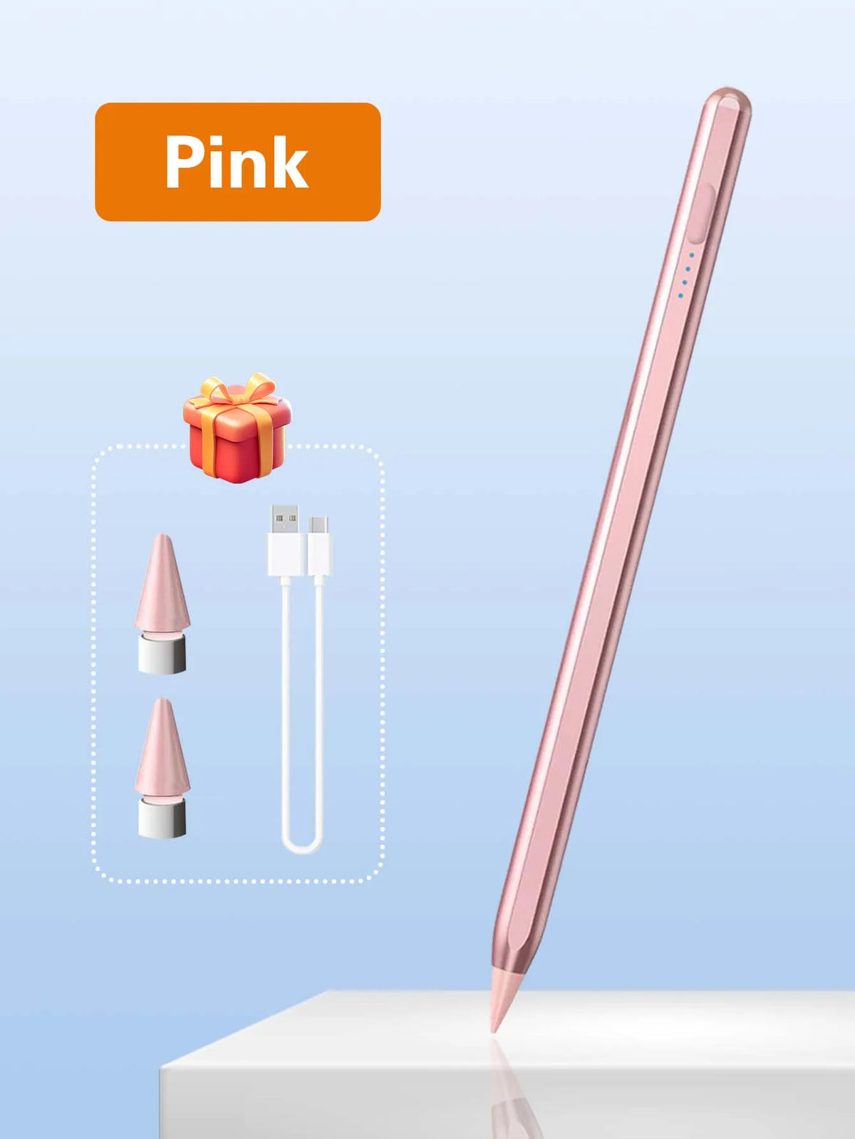 Rosa Präzisionsneigungstast, mit Ladekabel und Spitze, auf weißer Oberfläche.