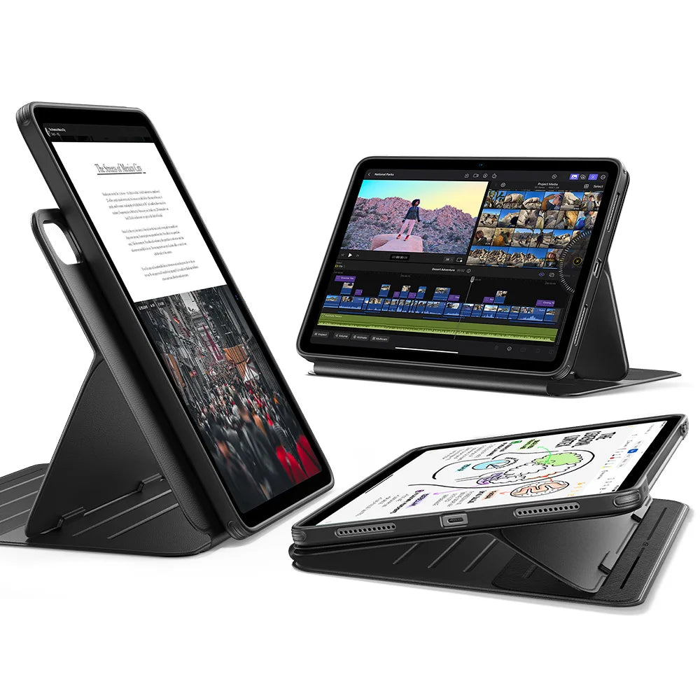 A black magnetic folio case for an iPad Air is shown in three views.