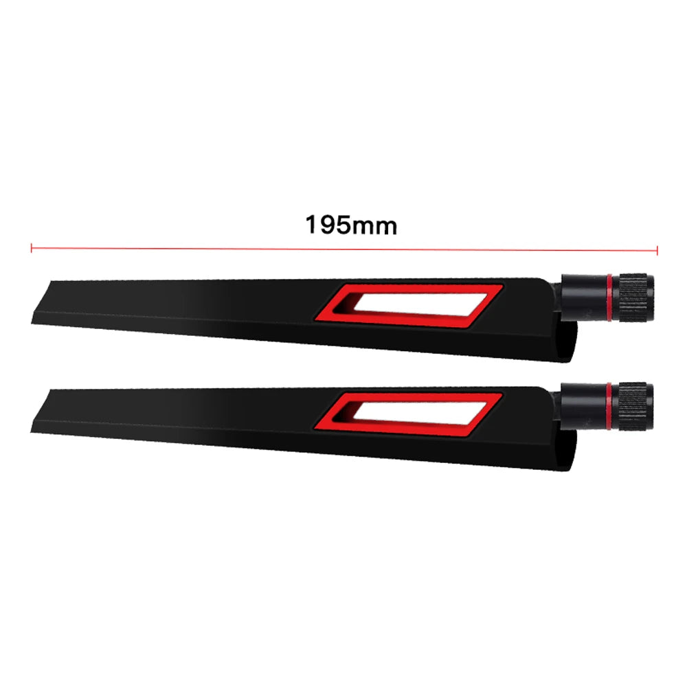 A black high-performance dual-band WiFi antenna set with a 195mm length and red accents.