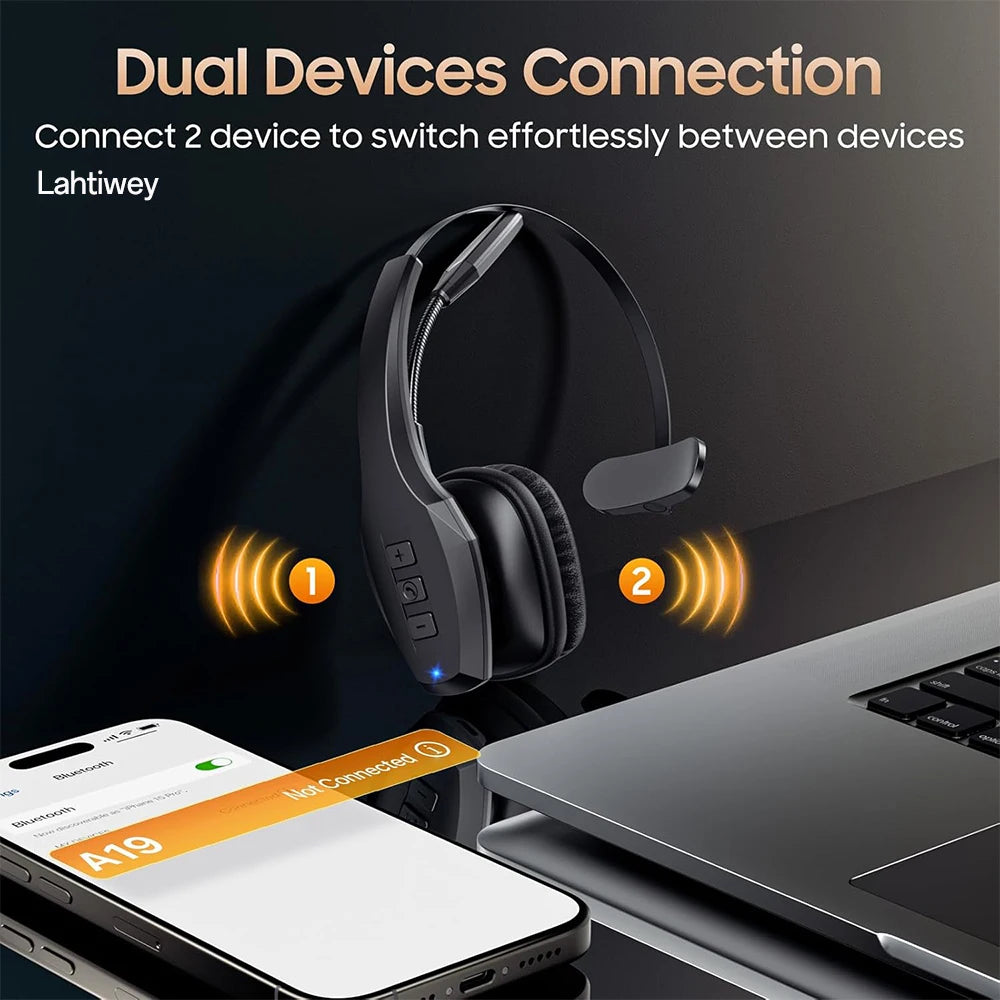A pair of black Bluetooth headphones is shown connecting two devices, illustrating dual device connection.