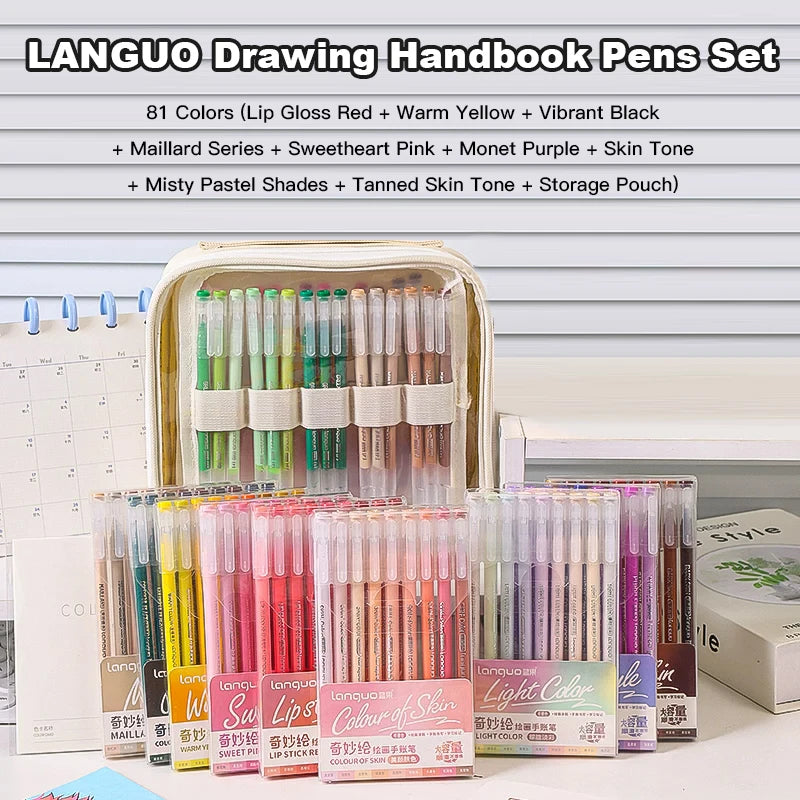 A set of Languo drawing handbook pens in various colors including lip gloss red, warm yellow, and vibrant black, packaged in 