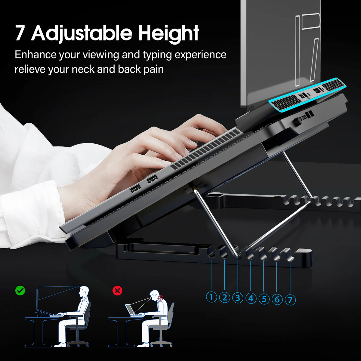 A hand is using an adjustable laptop cooling pad with a fan to enhance viewing and typing experience.