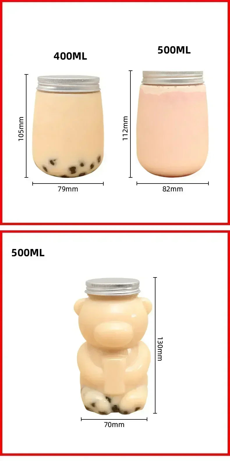 A light pink bear-shaped reusable water bottle with a silver lid, shown in two sizes: 400ml and 500ml.