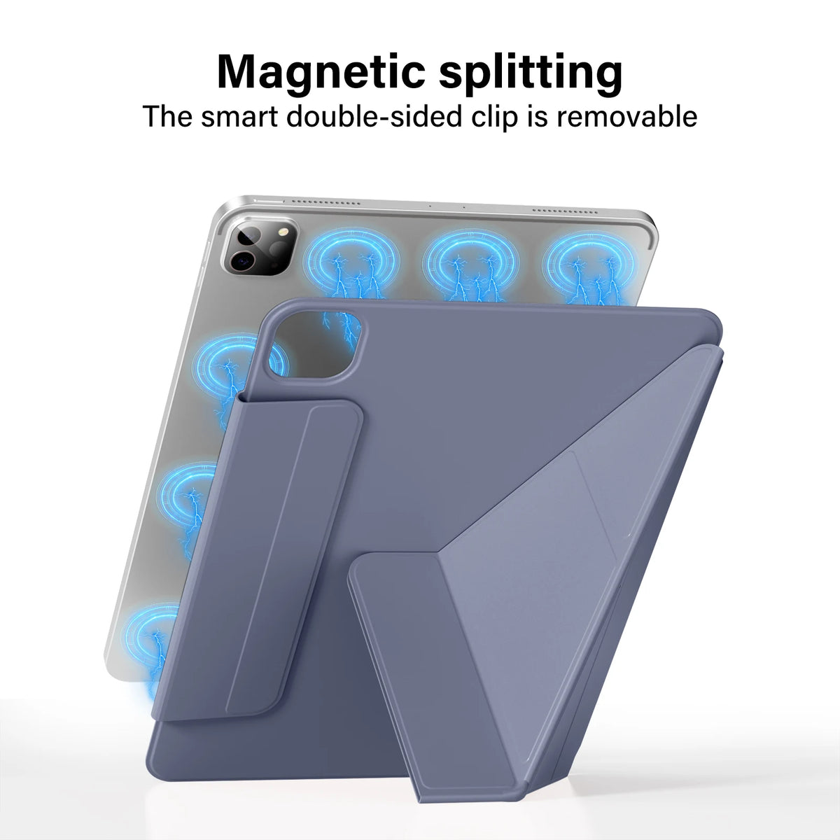 A gray magnetic splitting protective case is shown with a smartphone, demonstrating its removable double-sided clip feature.