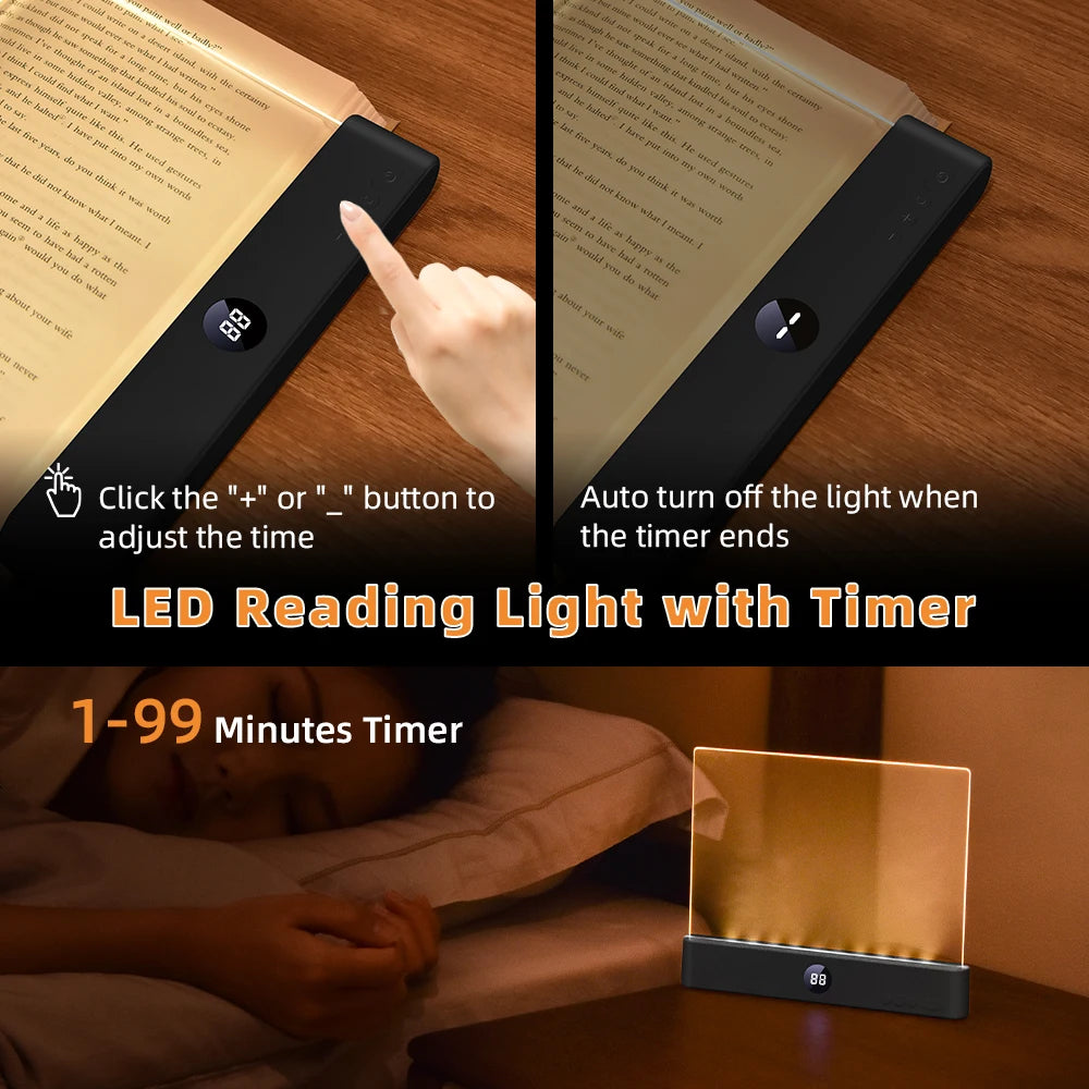 A rechargeable acrylic book night light with a timer is shown illuminating a book.