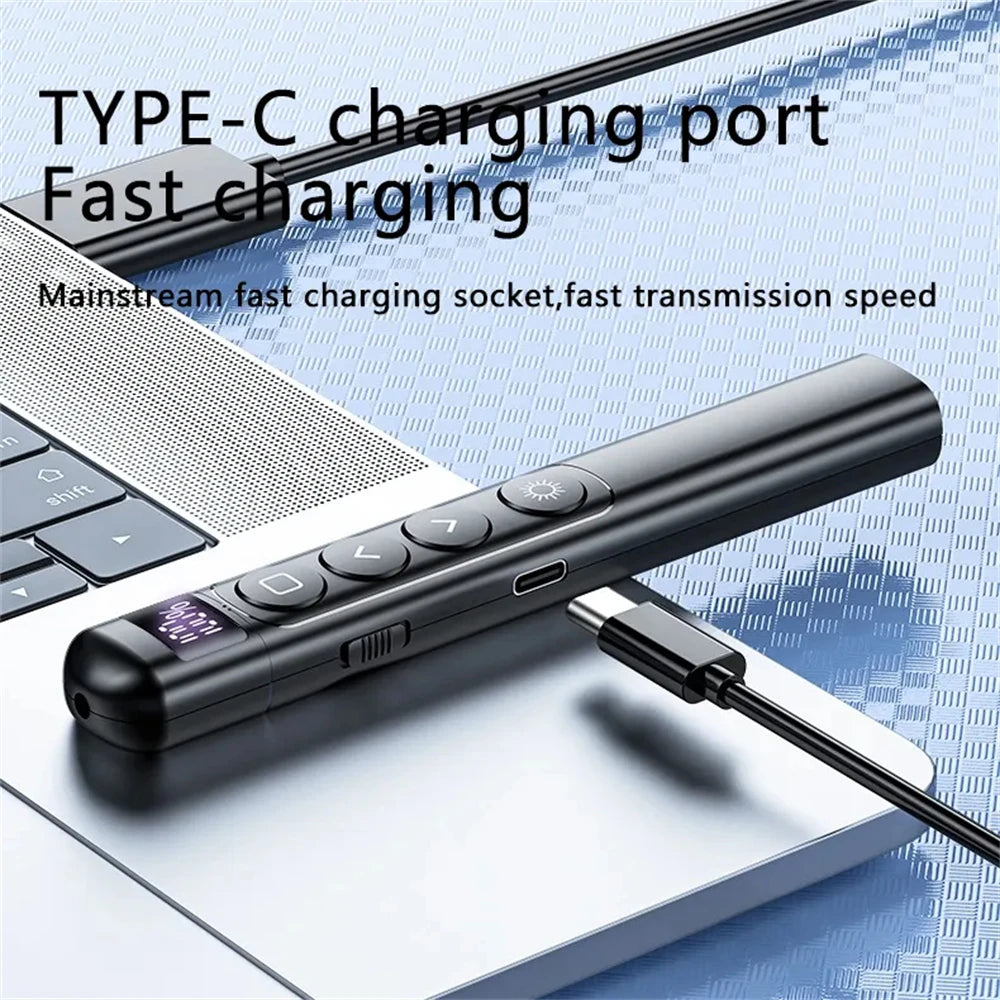 A black presentation pen pointer with a remote control is shown resting on a laptop.