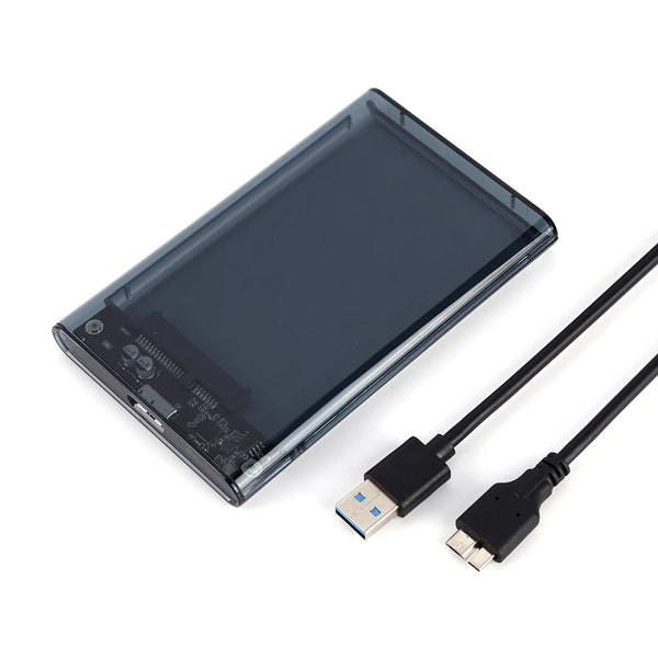 Boîtier externe noir pour SSD ou HDD SATA de 2,5 pouces, avec son câble.