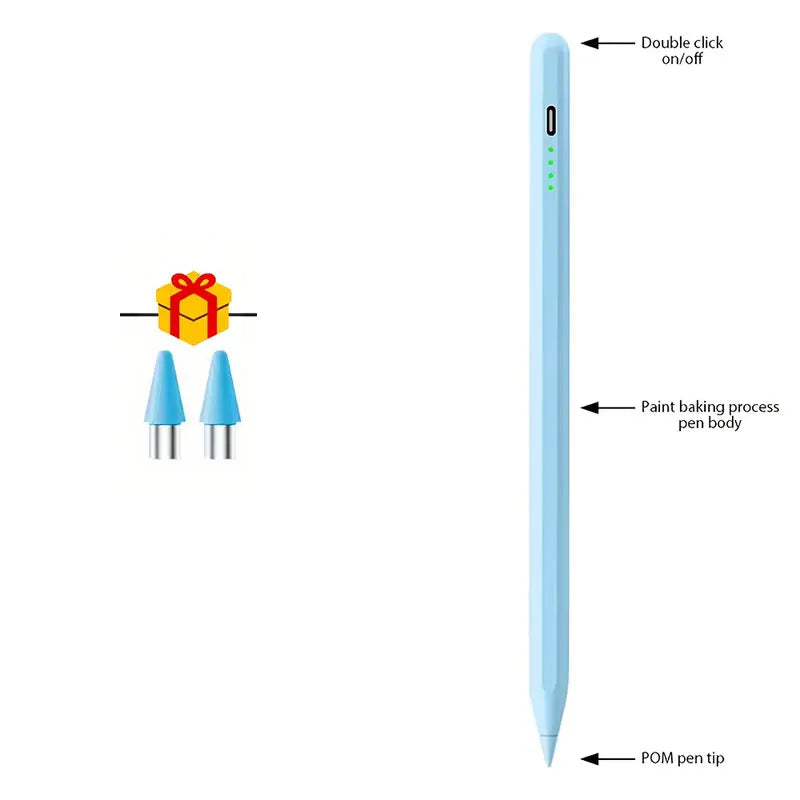 A precision stylus with a double click on/off feature and a paint baking process pen body.