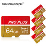 A set of MicroDrive PRO PLUS memory cards with capacities of 32GB, 64GB, 128GB, and 256GB.